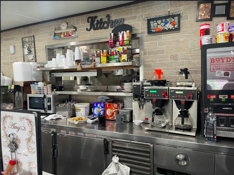 Inside Amy's Cafe, the kitchen counter and coffee station